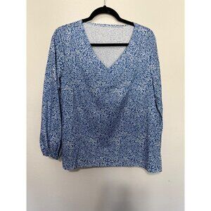 Unbranded Blouse Blue White Floral Design Elastic Wrists Womans XL